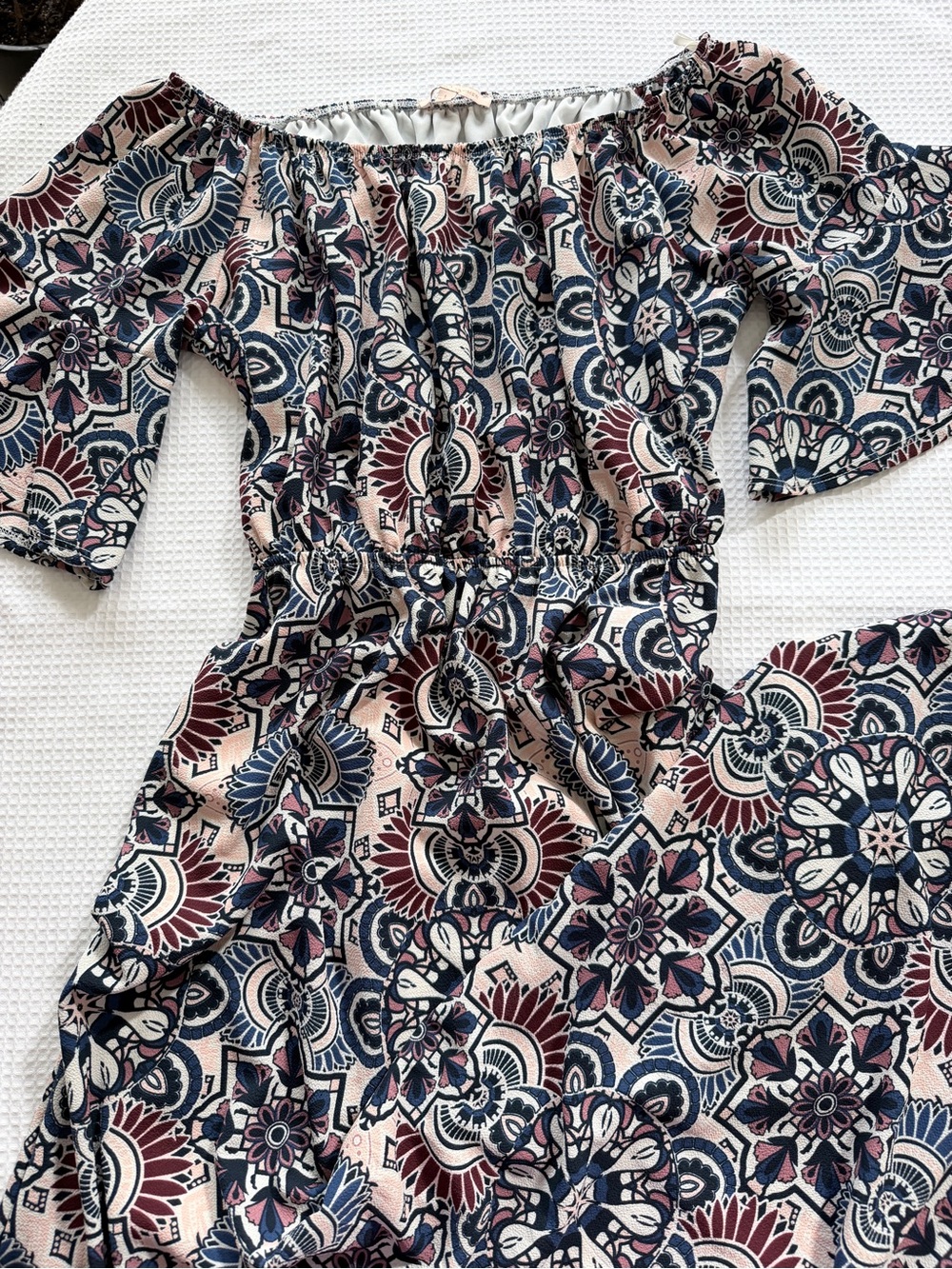 Off-Shoulder Floral Print dress in Blush, Navy & Cream